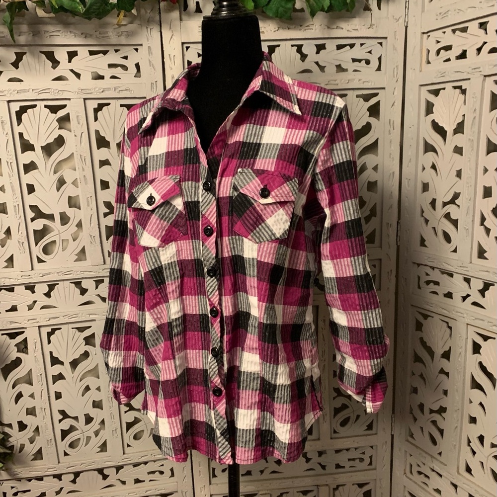 PURPLE BLACK & WHITE GLITTERY CHECKERED MID SLEEVE BUTTON UP TOP